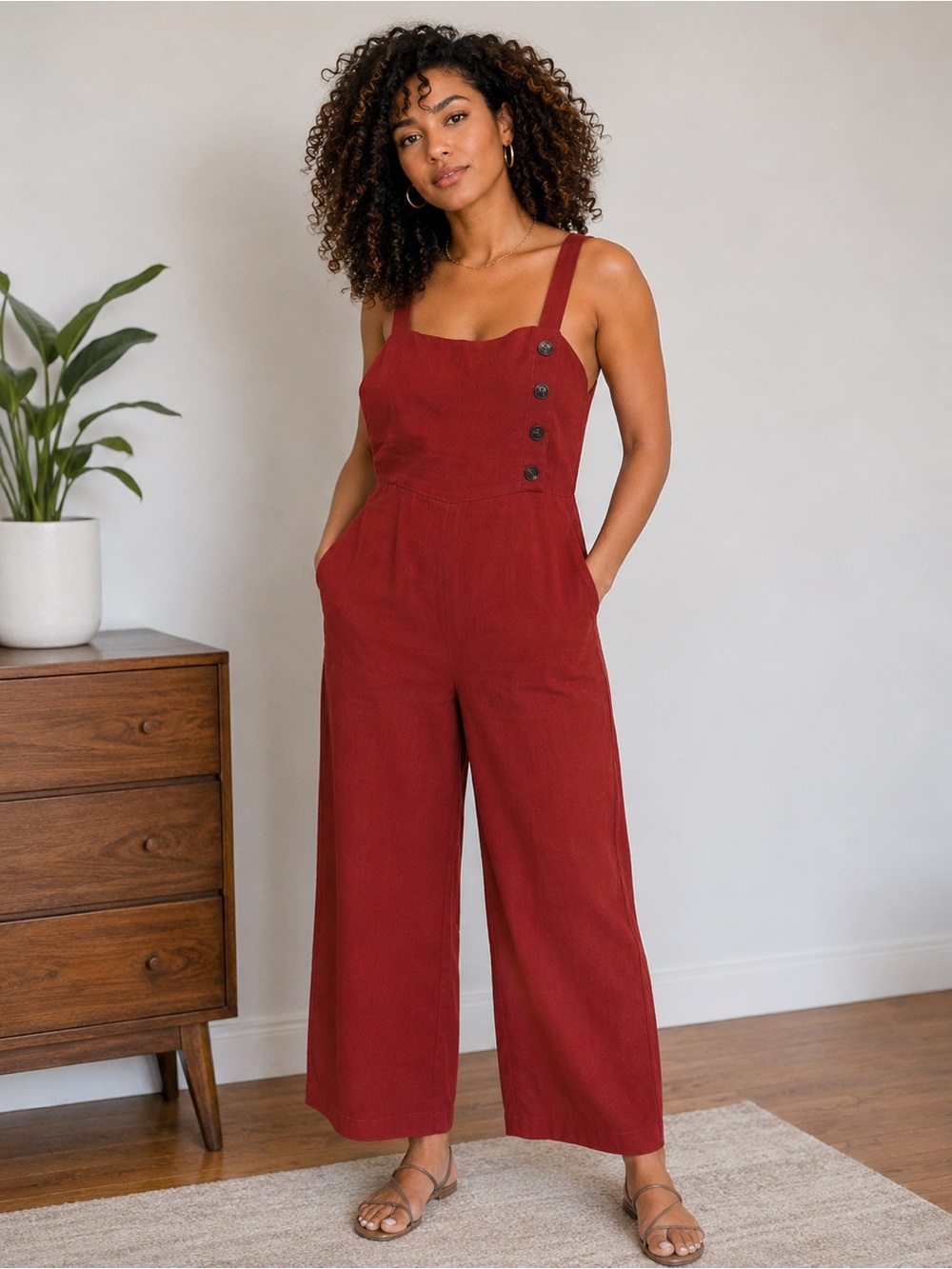 La Hearts Brick Red Wide-Leg Button Jumpsuit